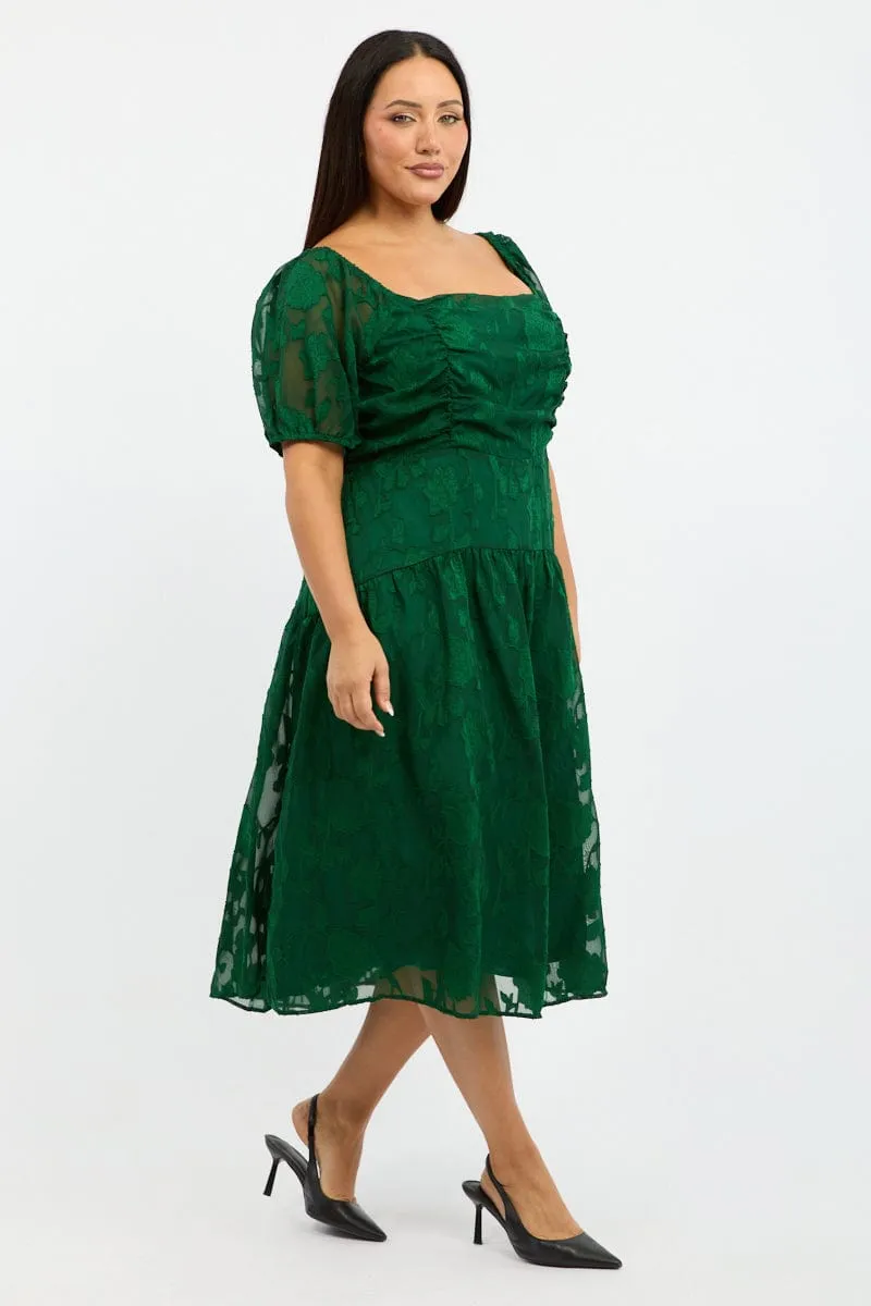 Cliff Edge Green Midi Dress Short Sleeve Jacquard