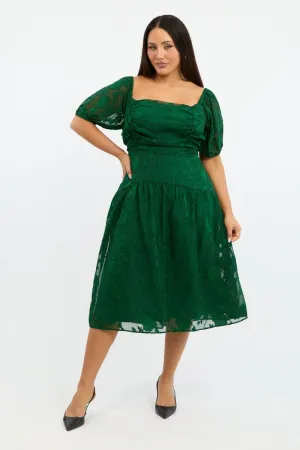 Sophisticated Style Ice Lake Green Midi Dress Short Sleeve Jacquard