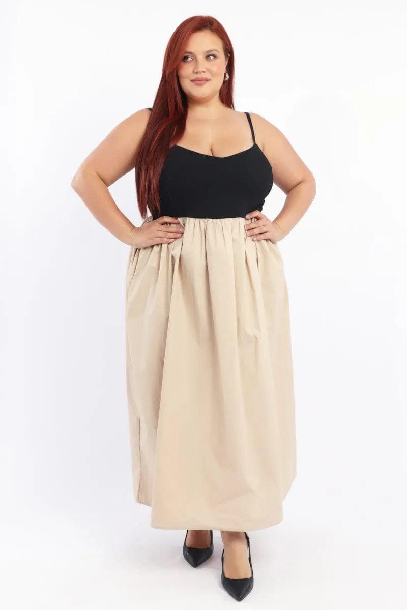 Beige Midi Dress Sleeveless Poplin Skirt Edgy Look Bohemian vibe