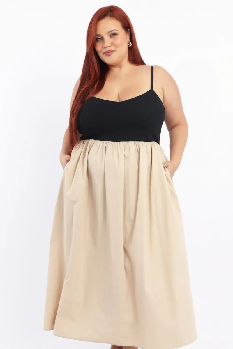 Beige Midi Dress Sleeveless Poplin Skirt No Ride Up Simple Motion