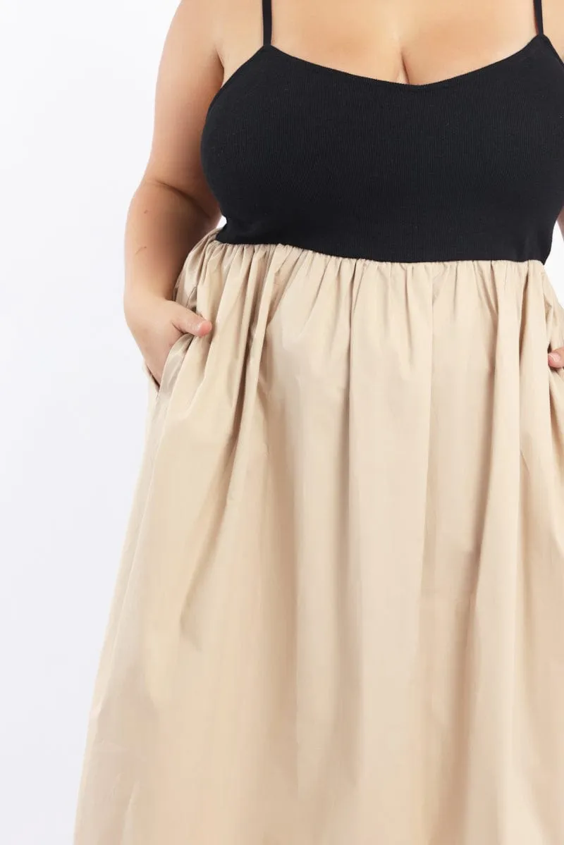 Beige Midi Dress Sleeveless Poplin Skirt Cozy Outfit Lightweight texture