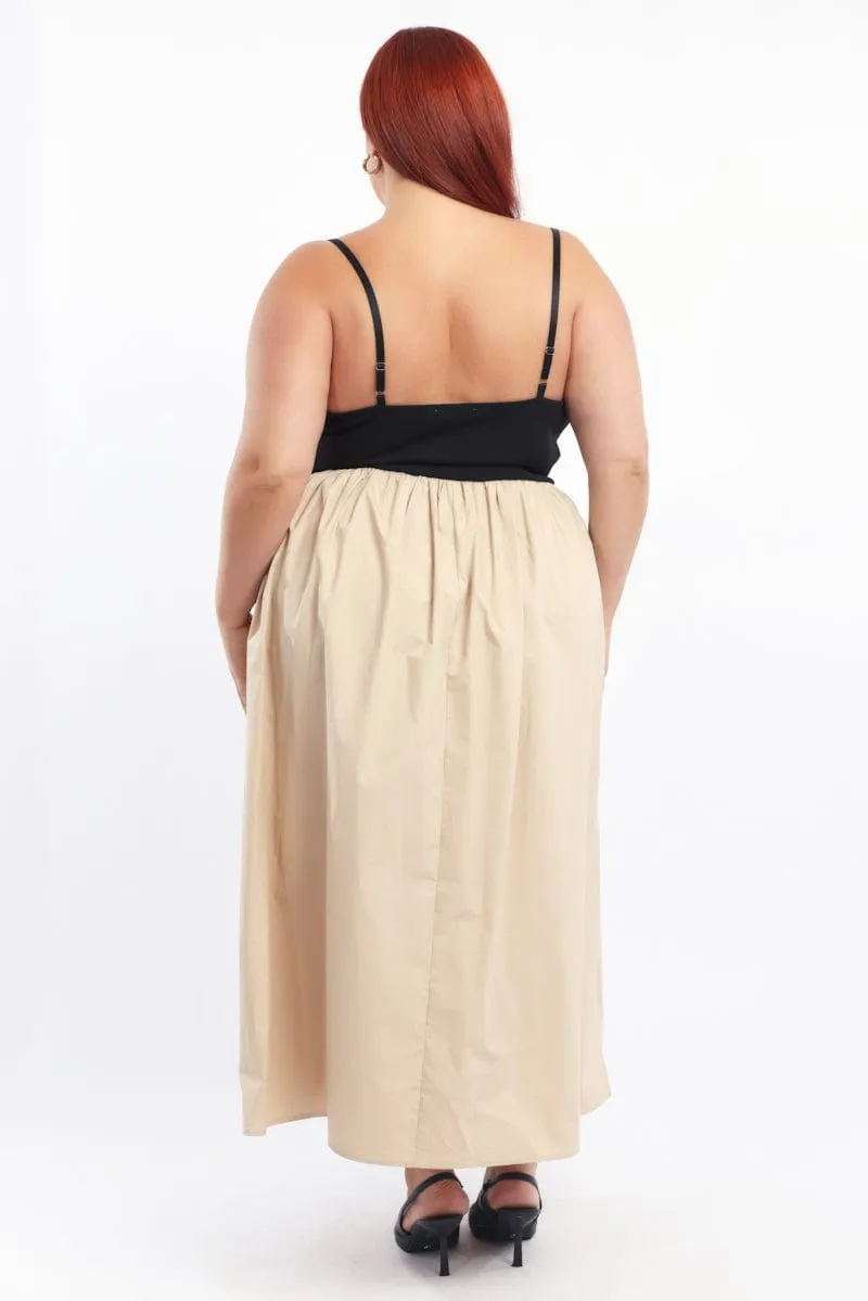 Sophisticated Mood Beige Midi Dress Sleeveless Poplin Skirt