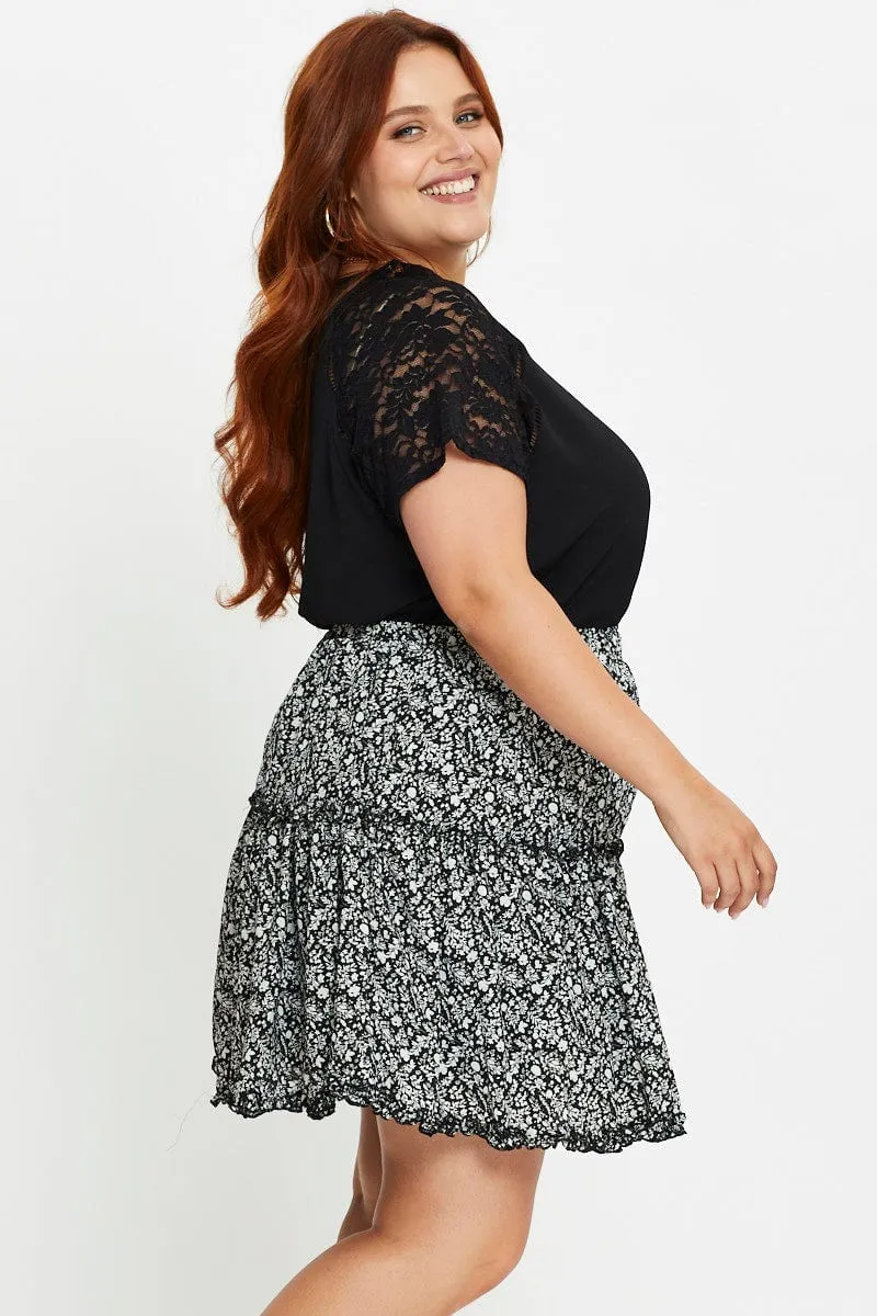 Linen blend Floral Print Mini Skater Skirt Tie