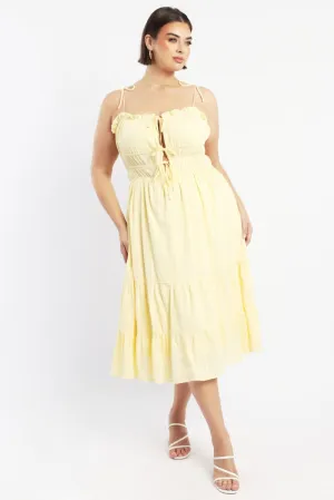 Yellow Midi Dress Sleeveless Tie Front Tiered Textured Chic Layers Wood Deck