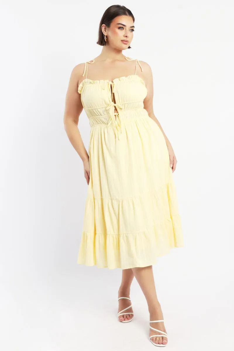 Yellow Midi Dress Sleeveless Tie Front Tiered Textured Chic Layers Wood Deck