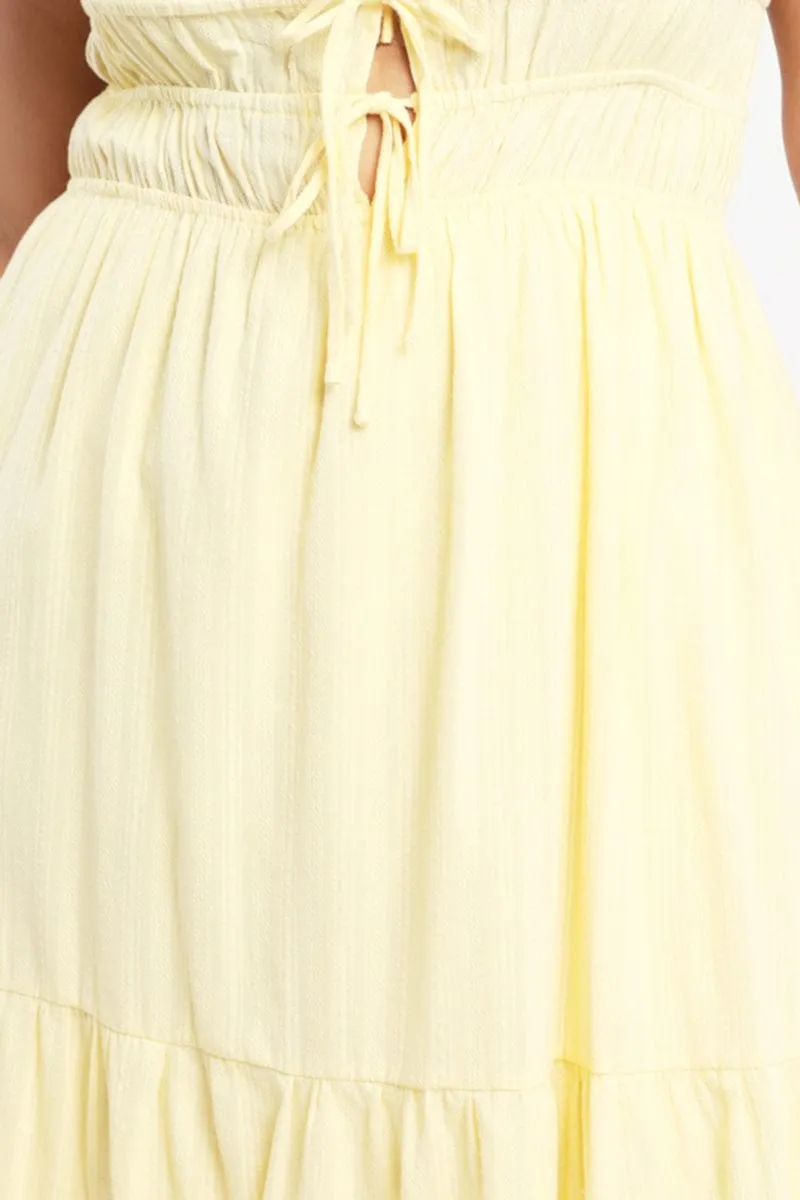 Copper Glow Birthday Dinner Yellow Midi Dress Sleeveless Tie Front Tiered Textured