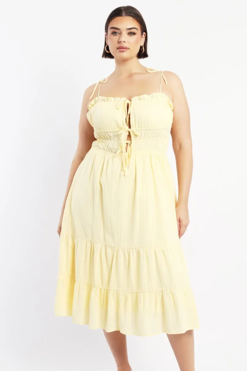 Yellow Midi Dress Sleeveless Tie Front Tiered Textured Fresh Air