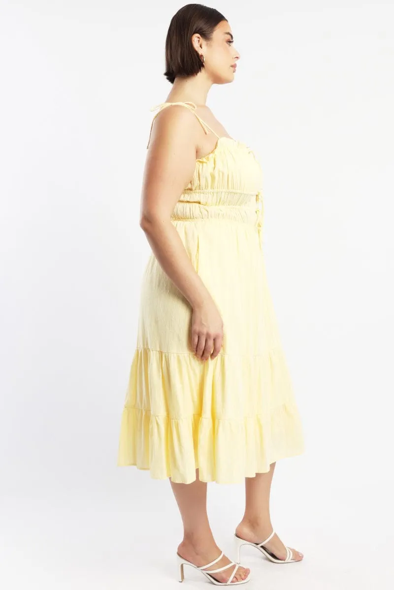 Yellow Midi Dress Sleeveless Tie Front Tiered Textured Jade Glow