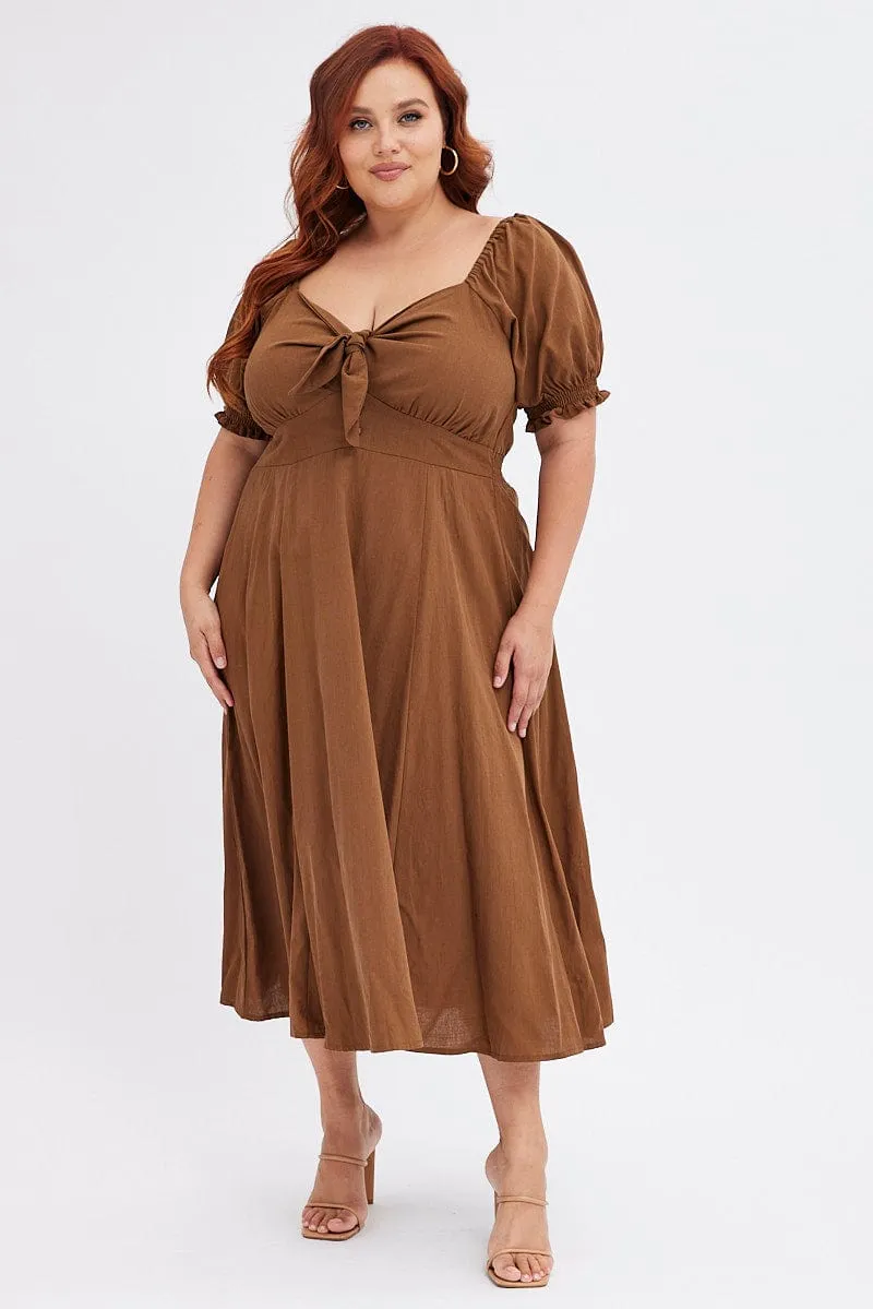Rose Garden Cherry Grove Brown Tie Front Button Midi Dress
