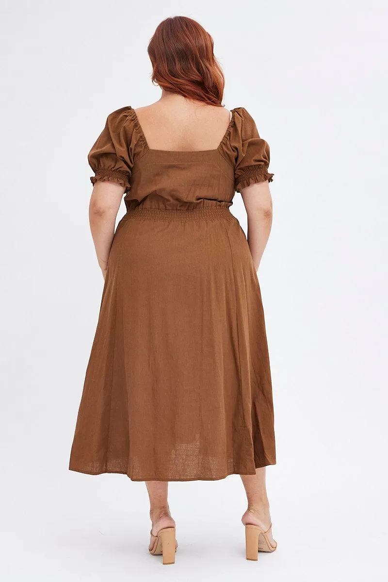 Brown Tie Front Button Midi Dress Versatile Silhouettes Playful and feminine dress