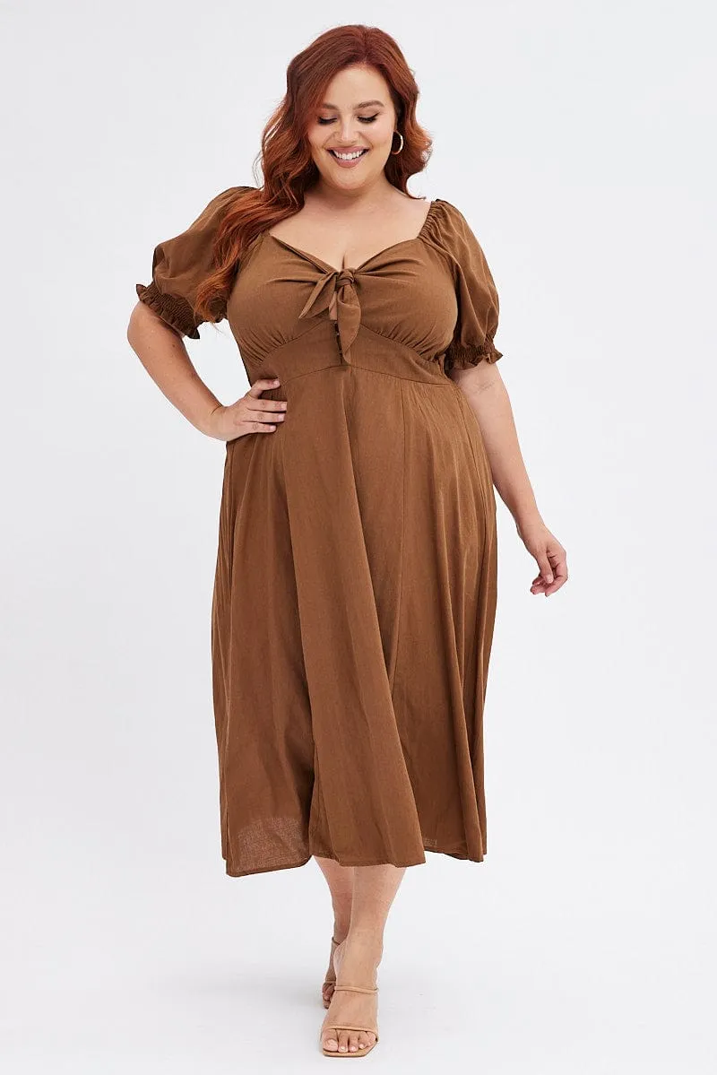 Charming Fit Brown Tie Front Button Midi Dress