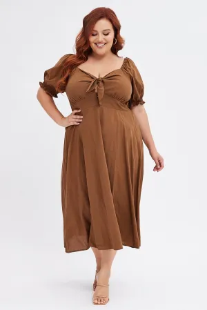 Charming Fit Brown Tie Front Button Midi Dress