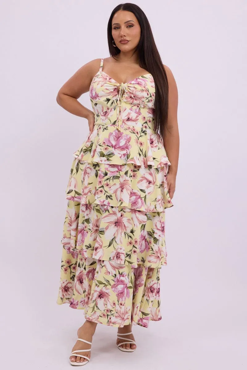 Friend Wedding Yellow Floral Midi Dress Sleeveless Tiered Ruched Bust