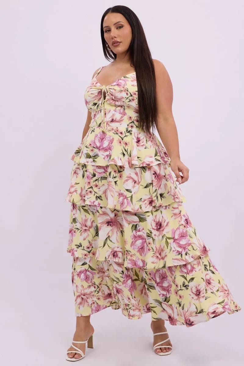 Stylish semi-formal dress Classic event dress Yellow Floral Midi Dress Sleeveless Tiered Ruched Bust