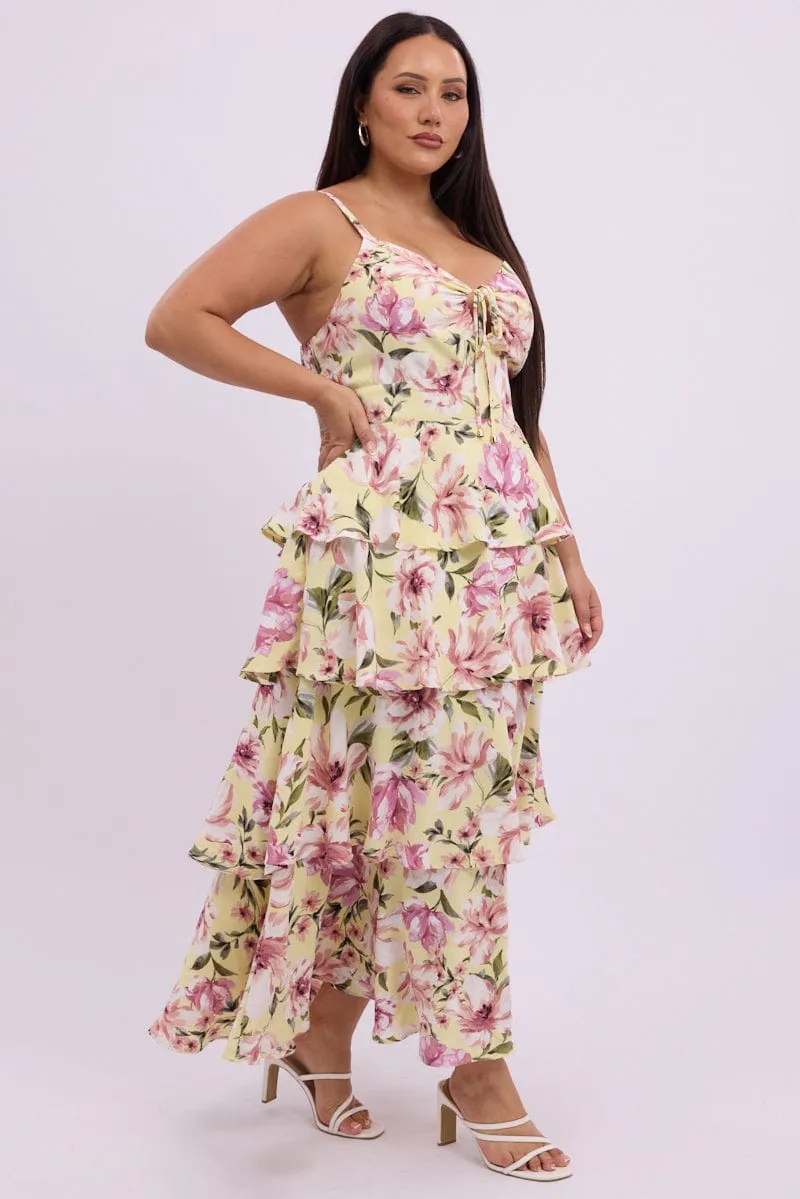 Crisp Wind Chic dinner outfit Yellow Floral Midi Dress Sleeveless Tiered Ruched Bust