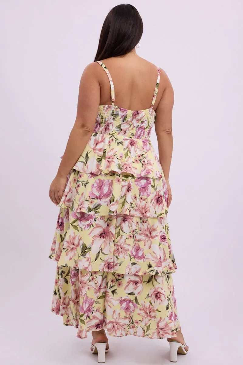 Yellow Floral Midi Dress Sleeveless Tiered Ruched Bust Forest trail Feel Good