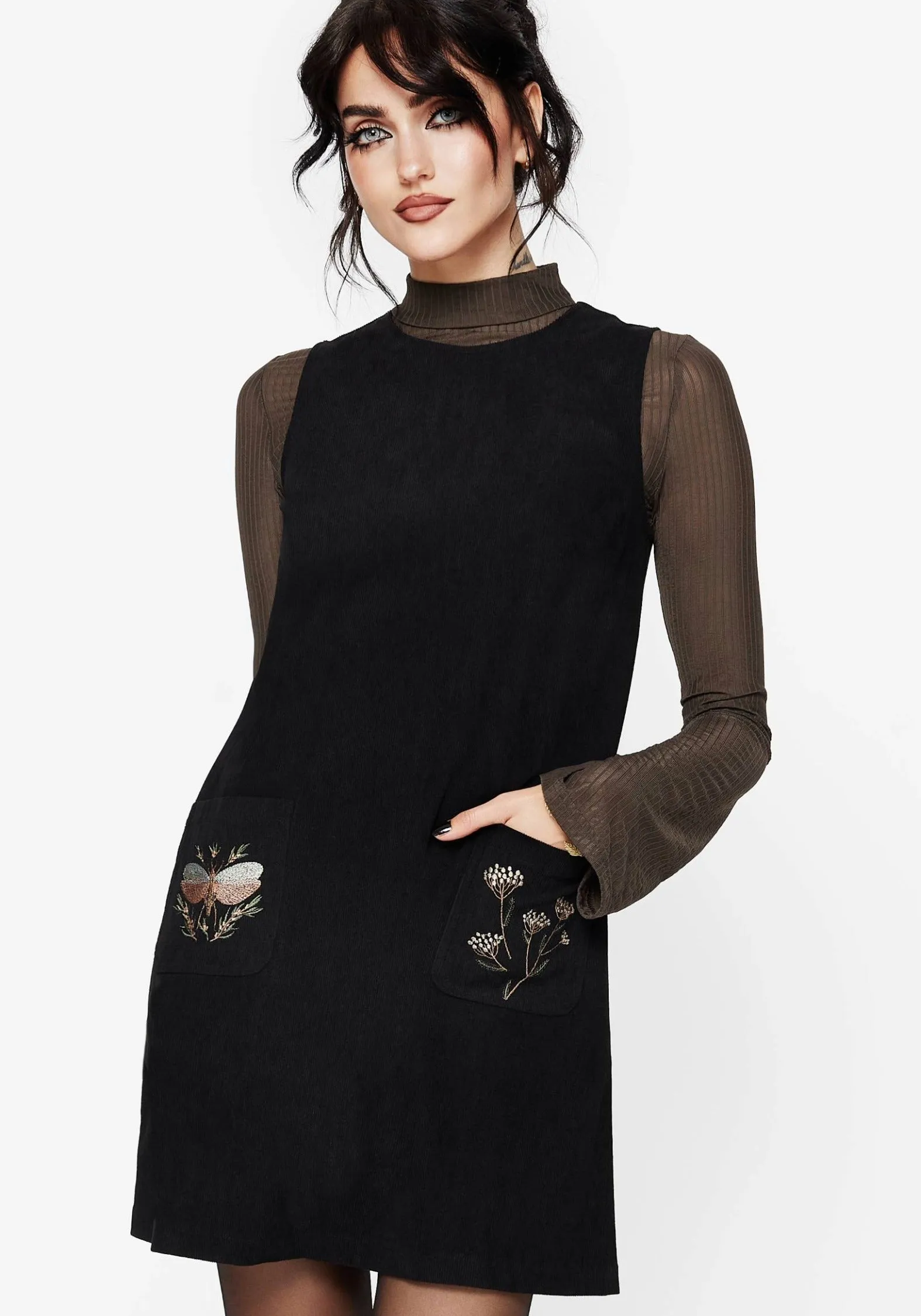 Griffinfly Embroidered Pocket Cord Mini Dress Casual Style Wear Relaxed Chic Look