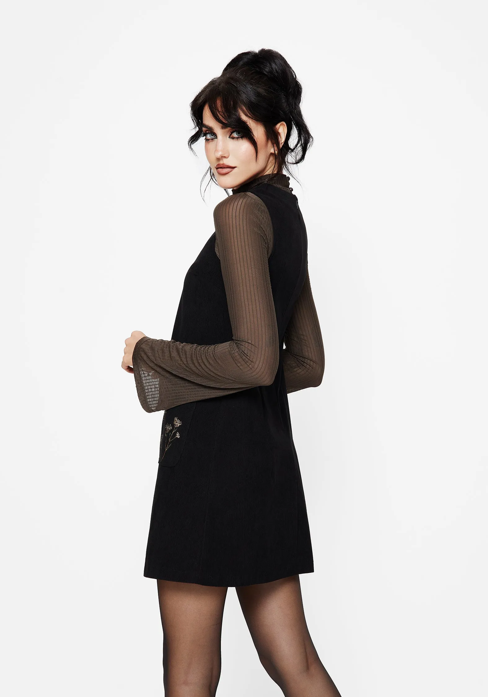 Griffinfly Embroidered Pocket Cord Mini Dress Layered Panel Design Late Glam