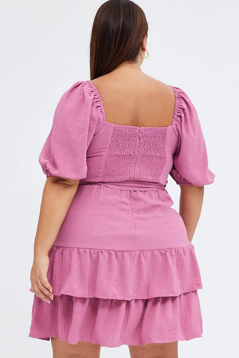 Light and breezy mini Pink Mini Dress Short Puff Sleeve Textured Waist Tie
