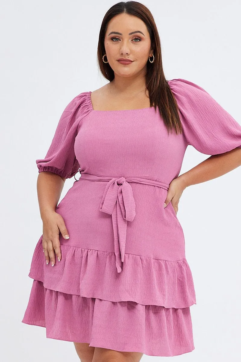 Baddie Vibe Urban Fresh Pink Mini Dress Short Puff Sleeve Textured Waist Tie