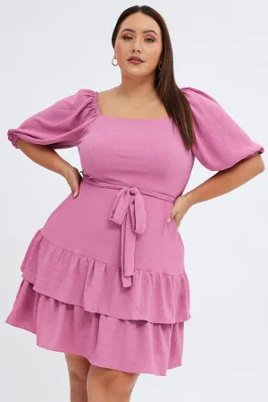 Street Spice Stage Hot Pink Mini Dress Short Puff Sleeve Textured Waist Tie