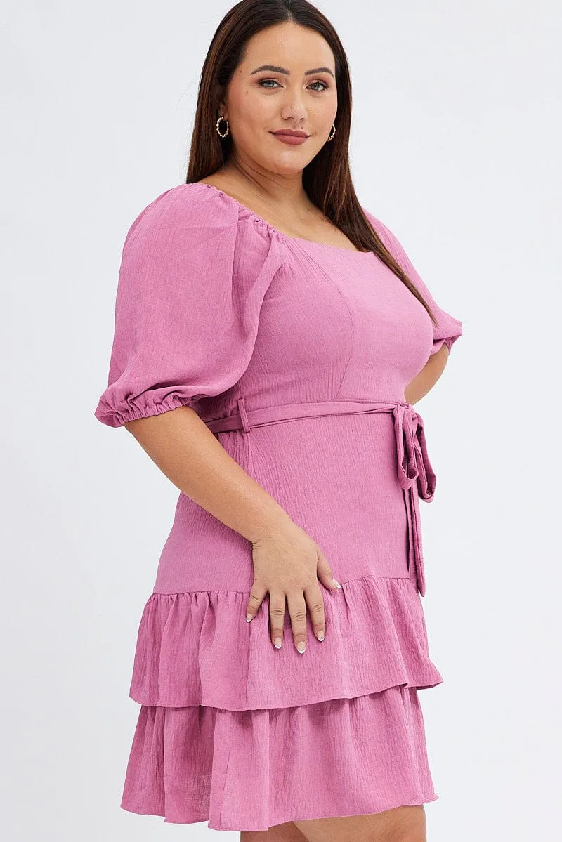 Pink Mini Dress Short Puff Sleeve Textured Waist Tie Mini dress with bold colors Fashion Forward