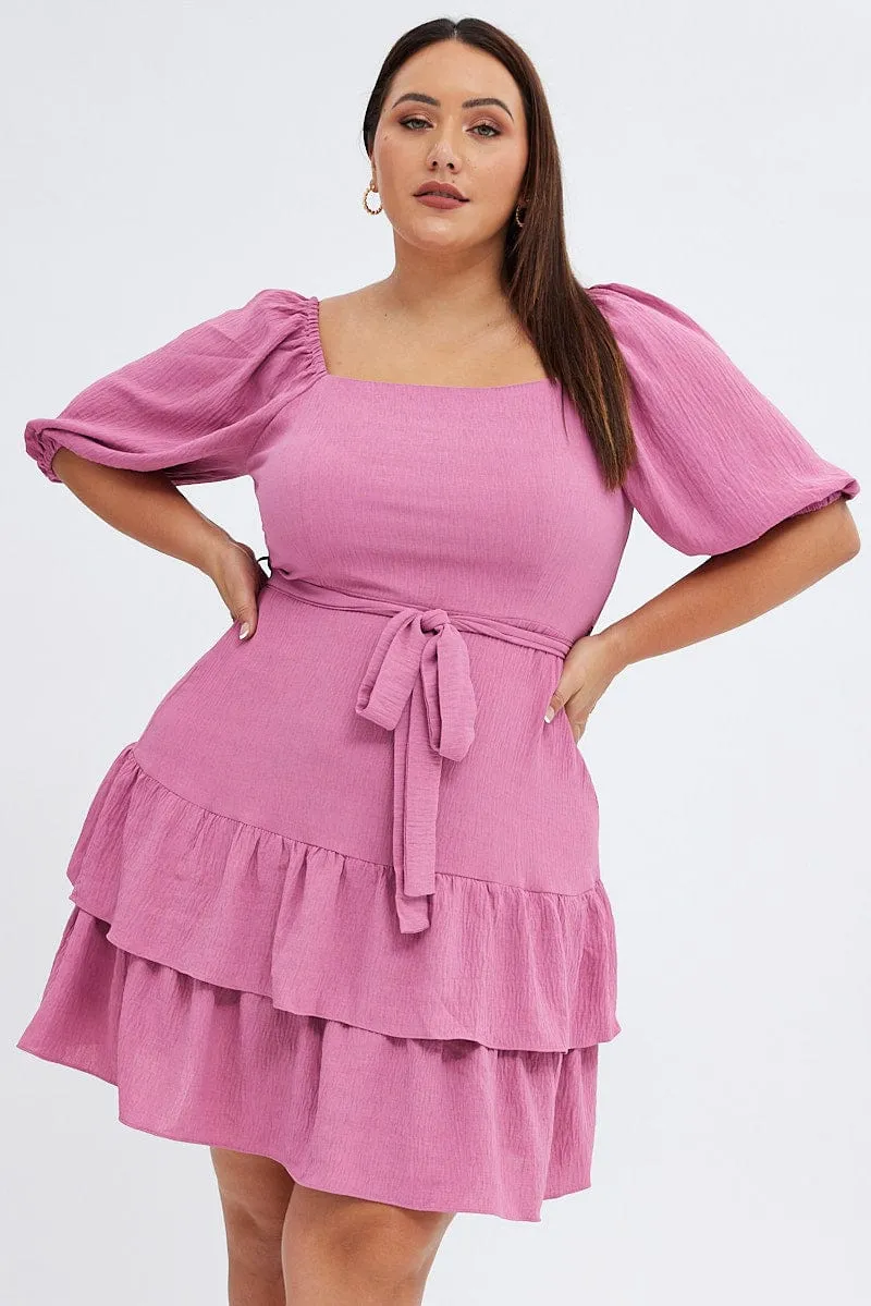 Street Spice Stage Hot Pink Mini Dress Short Puff Sleeve Textured Waist Tie