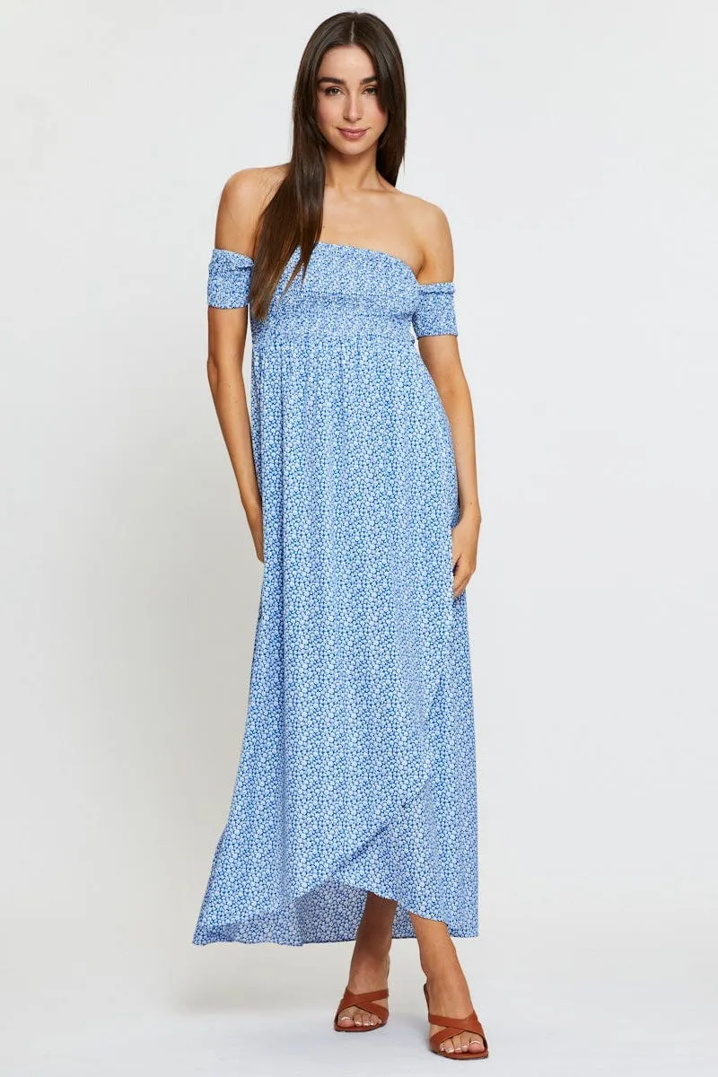 Goddess Glow Ribbon Work Print Maxi Dress Off Shoulder