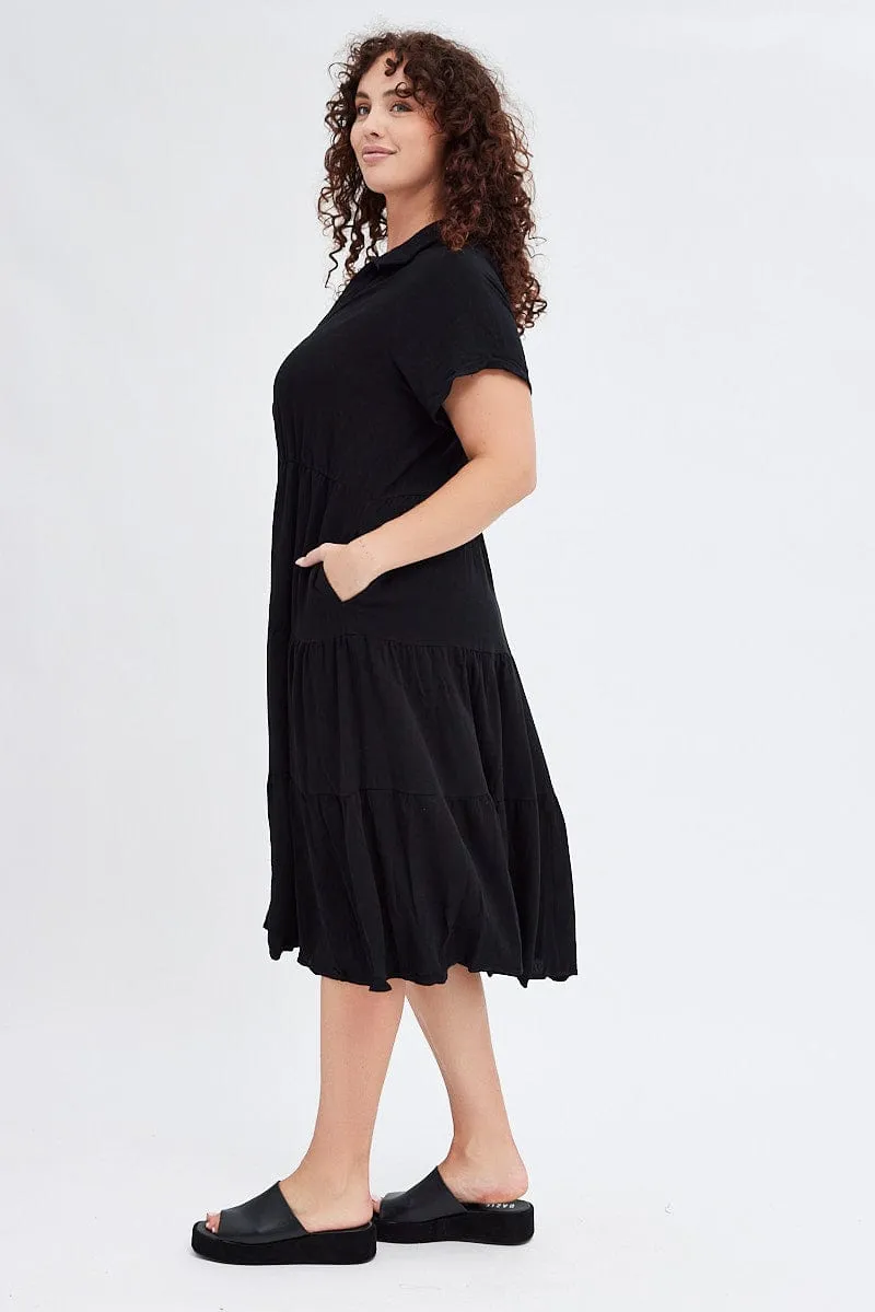 Chorus Night Black Shirtdress Midi Button Linen Blend Short Sleeve