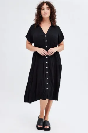 Stylish Details Lounge Mood Black Shirtdress Midi Button Linen Blend Short Sleeve