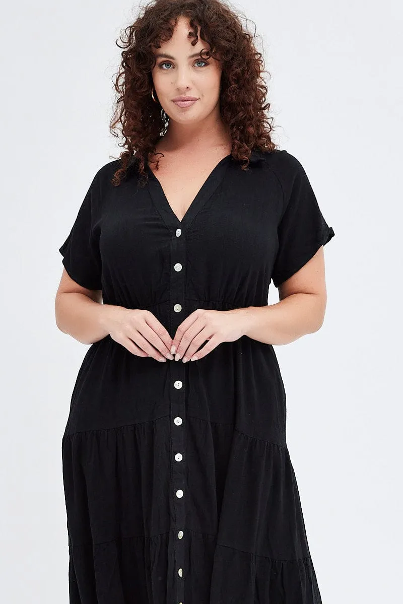 Black Shirtdress Midi Button Linen Blend Short Sleeve Charity Gala