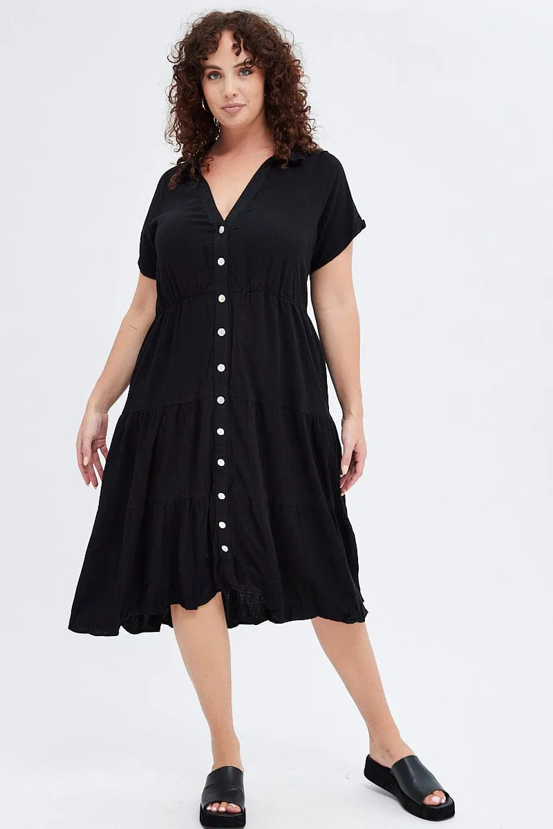 River Side Fashionable details Black Shirtdress Midi Button Linen Blend Short Sleeve