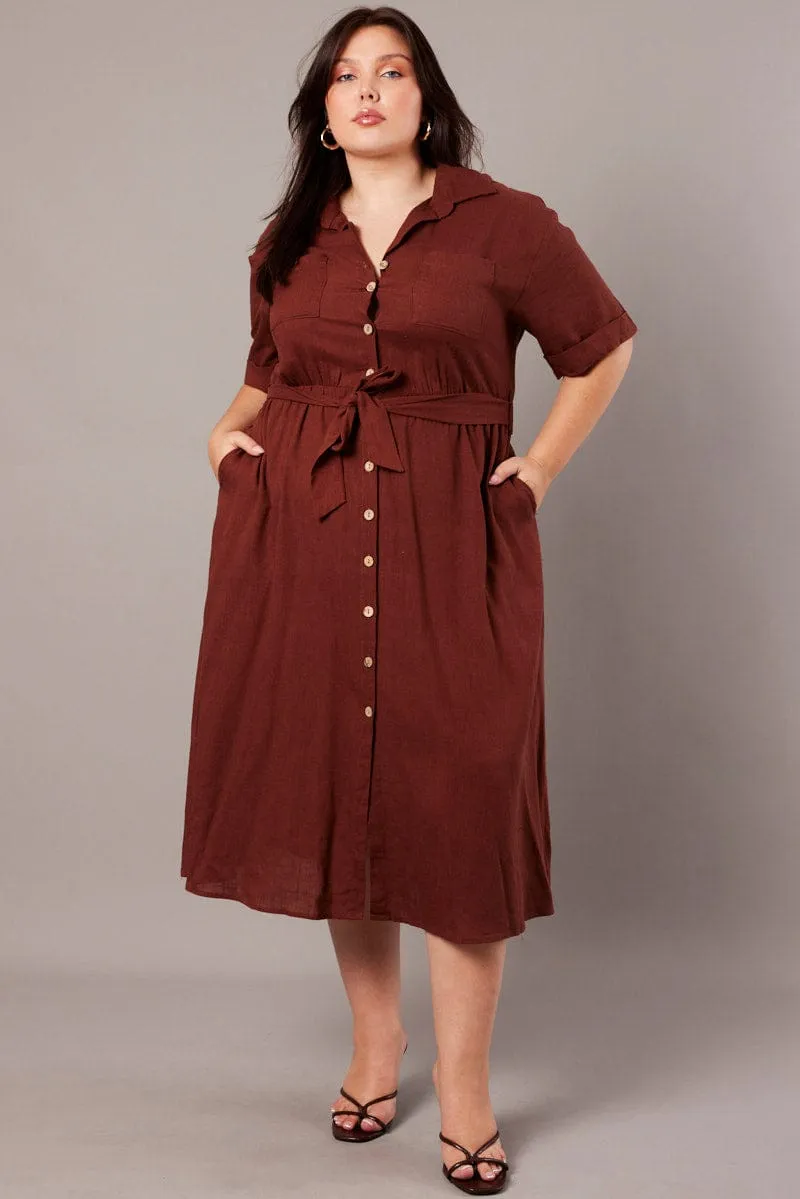 Brown Midi Dress Puff Sleeve Belted With Pockets Classic silhouette dress Feminine Vibe