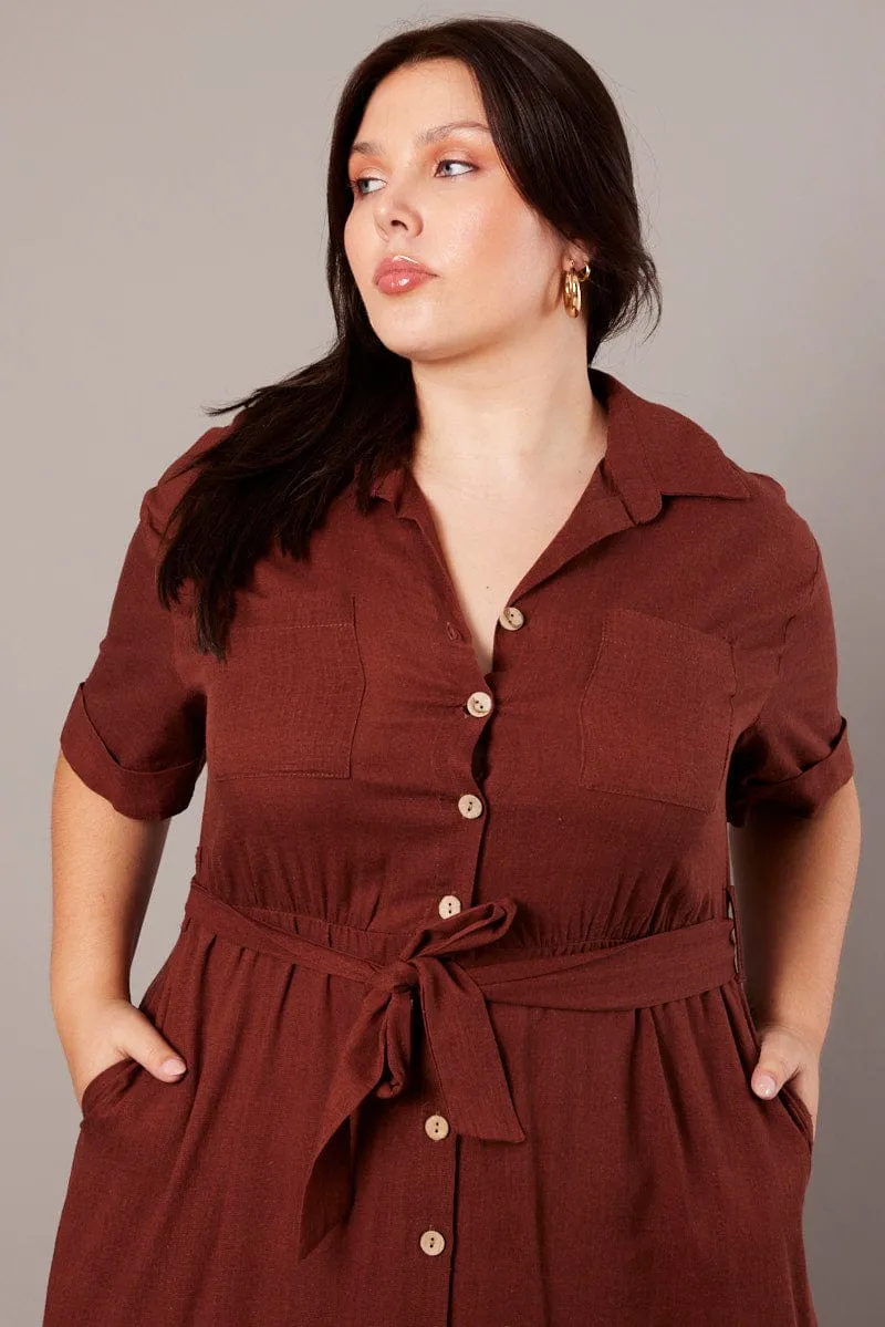 Casual chic midi Glacier Edge Brown Midi Dress Puff Sleeve Belted With Pockets