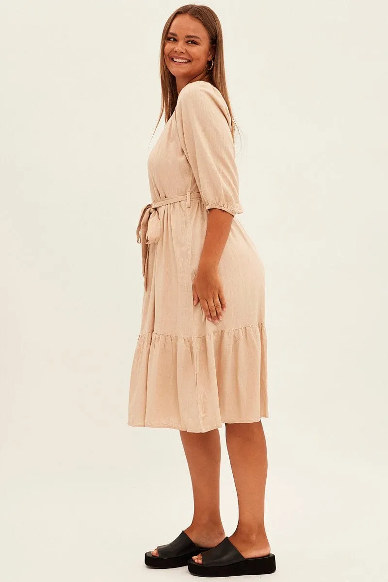 Beige Midi Dress Puff Sleeve Belt Frill Hem Sophisticated Wardrobe