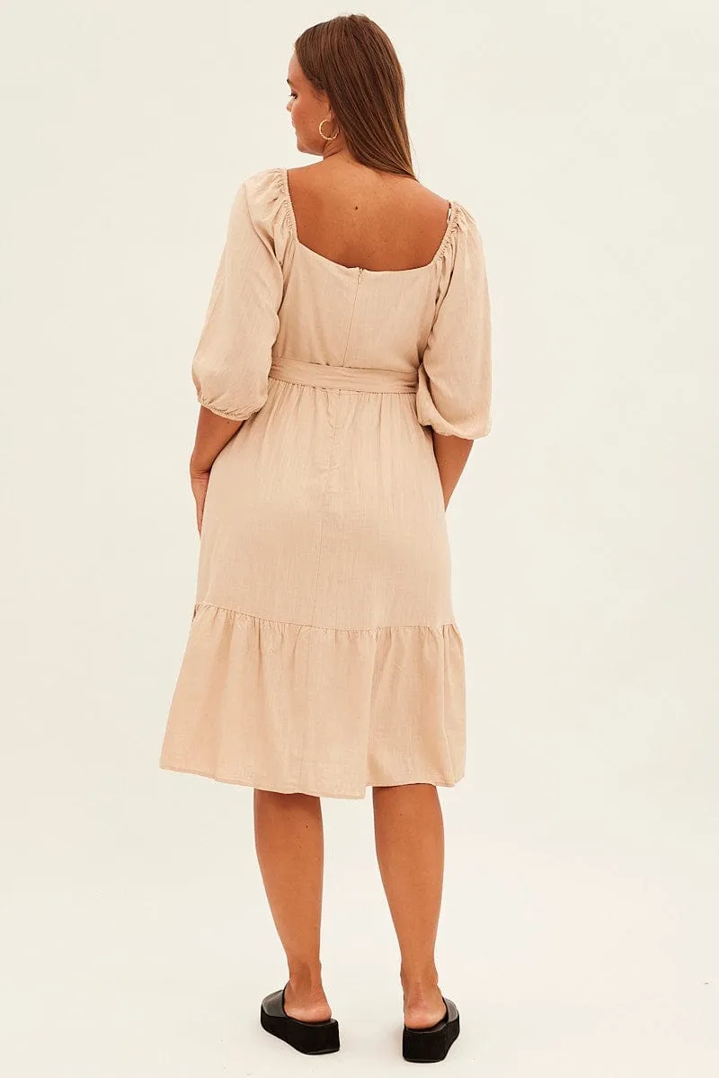 Beige Midi Dress Puff Sleeve Belt Frill Hem Greek Spirit Shell Path