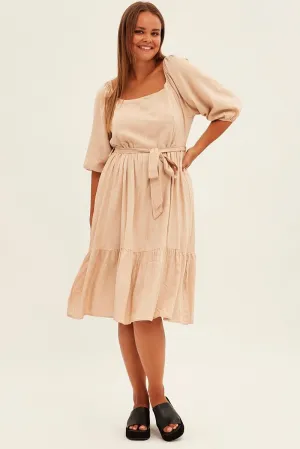 Beige Midi Dress Puff Sleeve Belt Frill Hem Bridge Walk Layer Light
