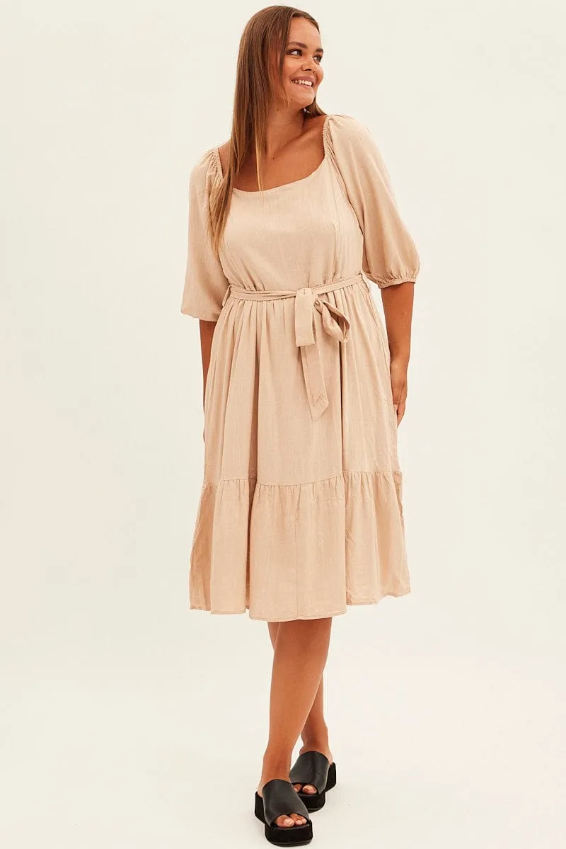 Beige Midi Dress Puff Sleeve Belt Frill Hem chic aesthetic Casual yet dressy midi