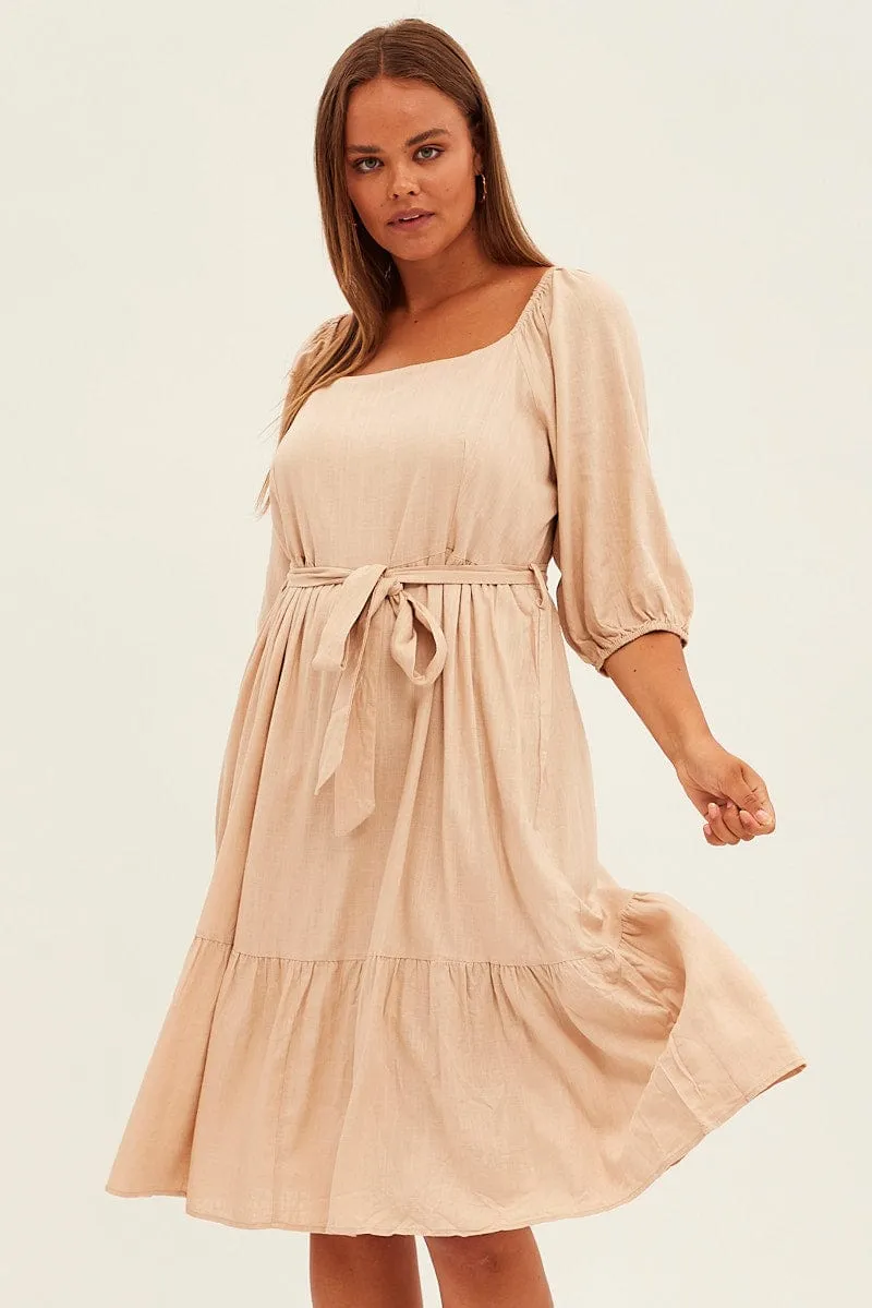 Feast Table Platinum Shine Beige Midi Dress Puff Sleeve Belt Frill Hem