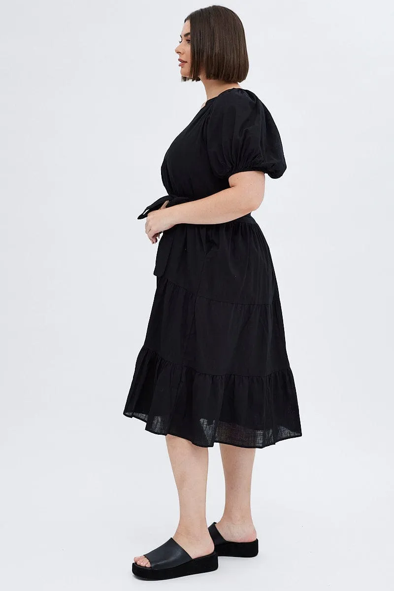 Black Midi Dress Tiered Notch Collar Belted Opera Hall Seasonal Essentials