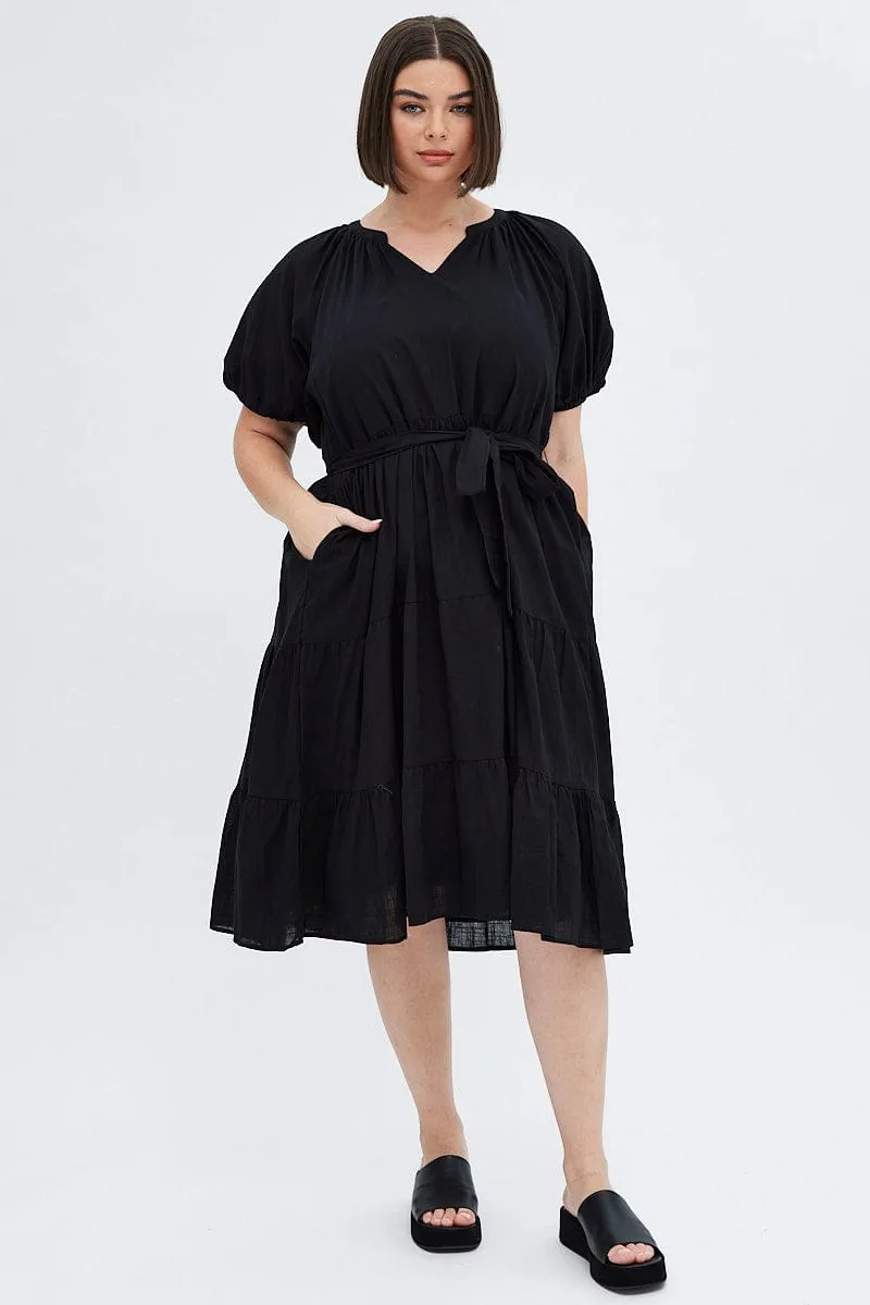 Winter Layering Black Midi Dress Tiered Notch Collar Belted