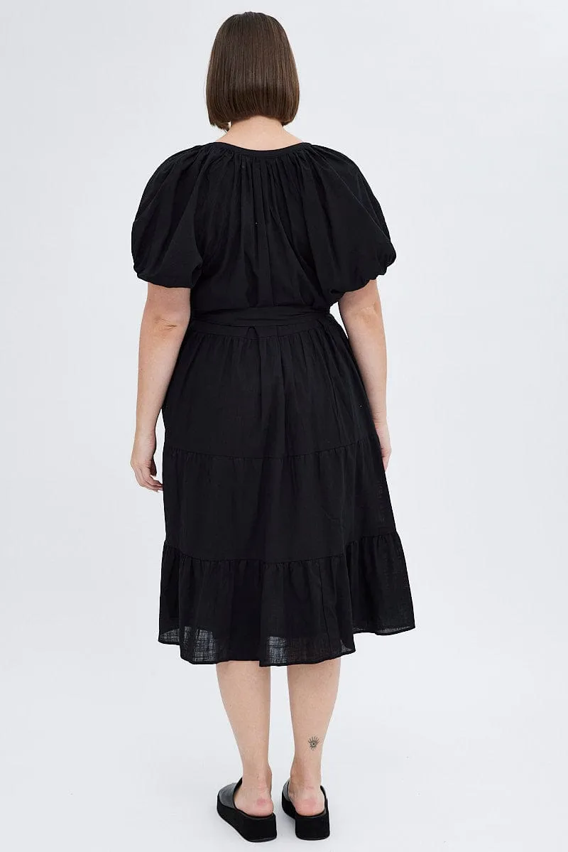 Classy Attire Black Midi Dress Tiered Notch Collar Belted