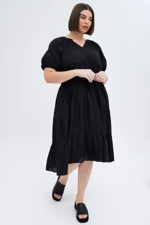 Modern Edge Black Midi Dress Tiered Notch Collar Belted