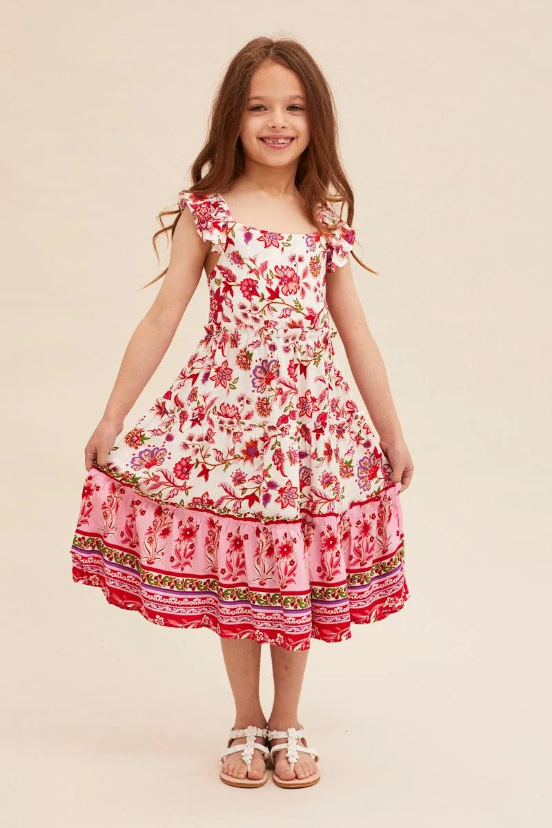 Scandi Clean Boho Print Kids Midi Dress Tiered Boho