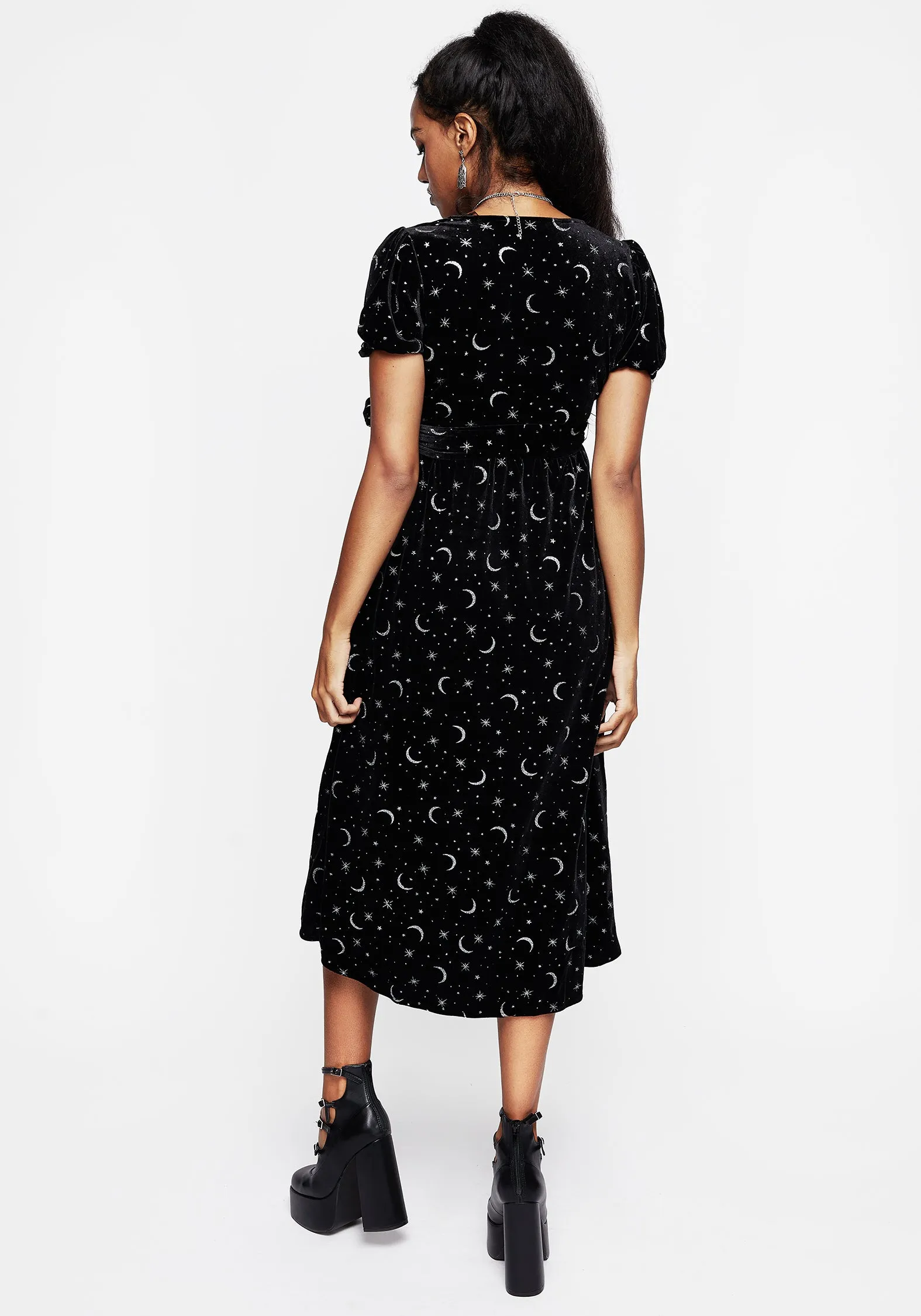 Shine Spot Stylish dress for garden party Constellation Glitter Print Velour Midi Wrap Dress