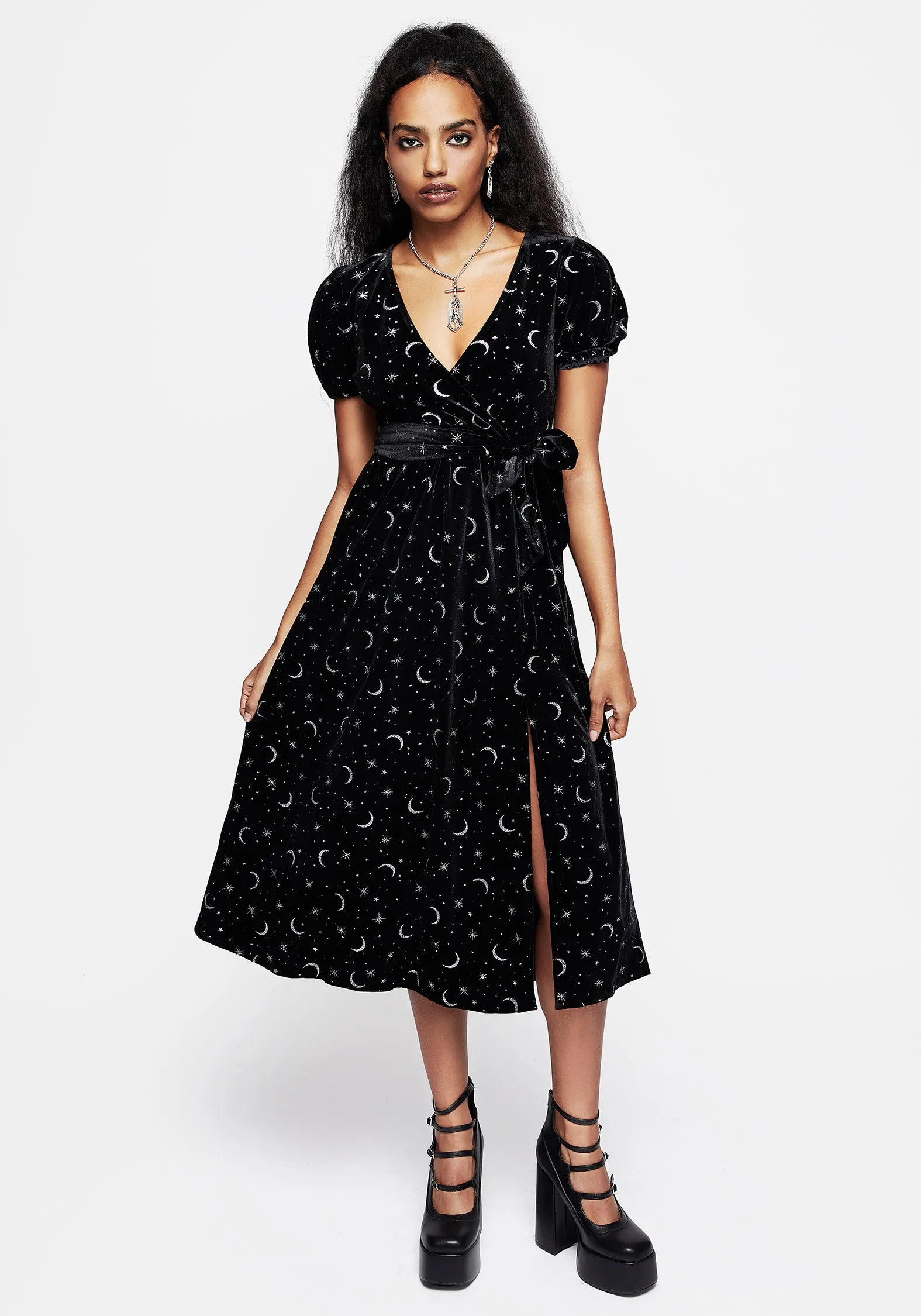 Constellation Glitter Print Velour Midi Wrap Dress Beach Path