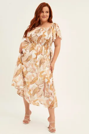 Yellow Floral Midi Dress Short Sleeve Shirred Back Tie Dress Cherry Grove