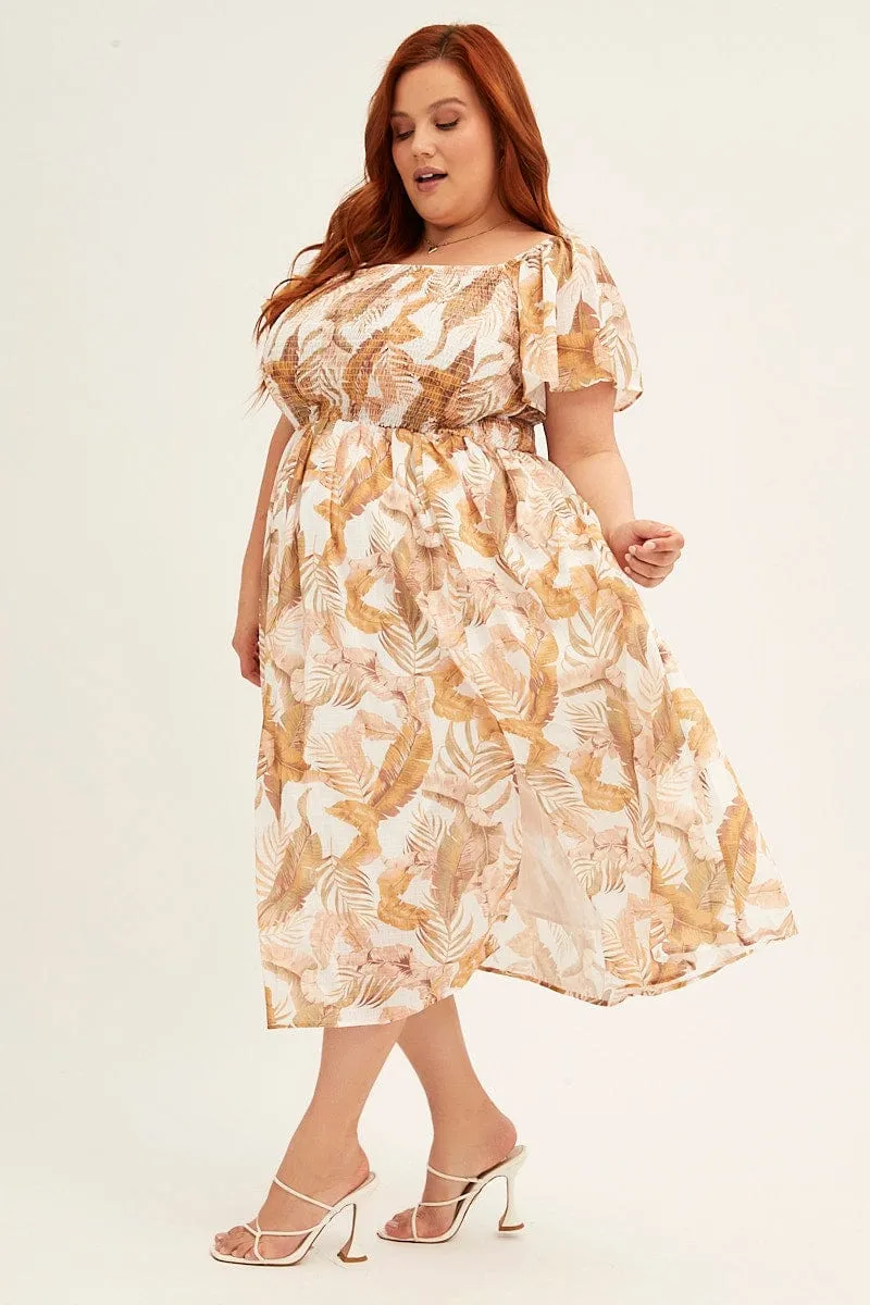 High-waisted midi dress Yellow Floral Midi Dress Short Sleeve Shirred Back Tie Dress