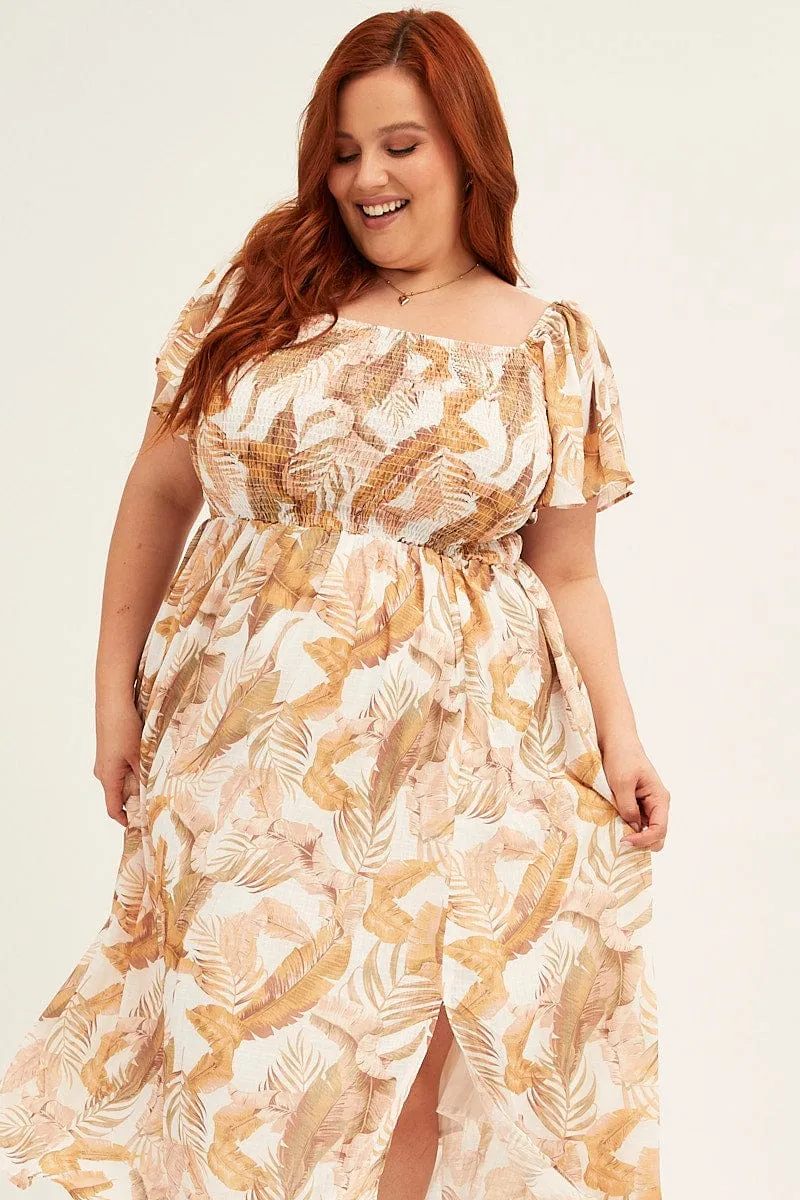 Yellow Floral Midi Dress Short Sleeve Shirred Back Tie Dress City Prep Heat Wave