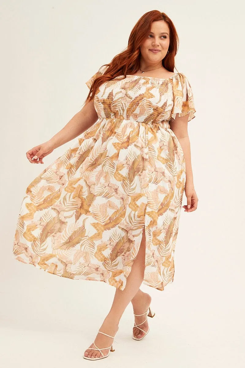 Soft Grace Romantic Soul Yellow Floral Midi Dress Short Sleeve Shirred Back Tie Dress